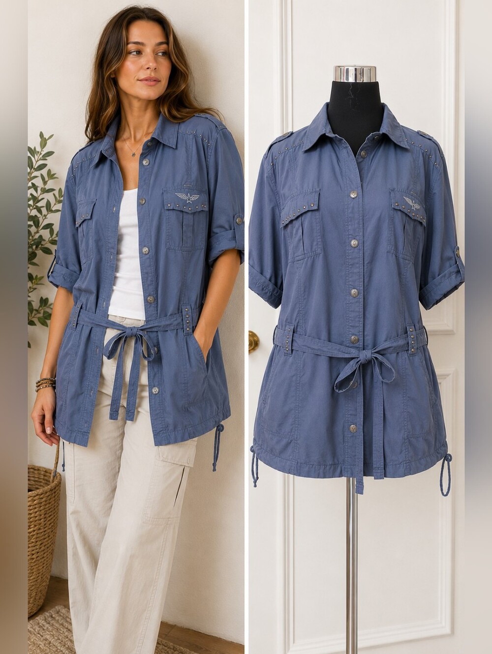 Military Safari Utility Jacket Blue Cotton Cargo Shacket Studded